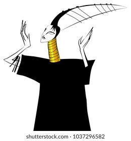 Isolated vector illustration of a fantastic female character with long neck and elaborated hair ornament as a musical instrument. Based on hand drawn original style art. Black ink silhouette and gold.