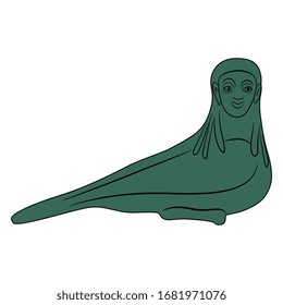 Isolated vector illustration. Fantastic female bird with human face. Ancient Greek Siren. Monochrome silhouette.