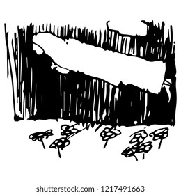 Isolated vector illustration. Fantastic figure or angel flying in dark over field of flowers. Hand drawn doodle ink sketch. Black silhouette on white background.