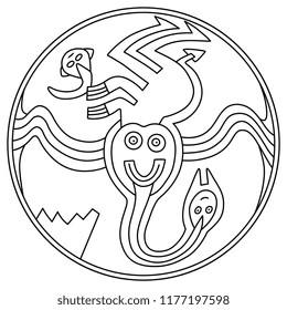 Isolated vector illustration. Fantastic flying creature. Ethnic tribal motif of ancient Peruvian Indians. Paracas culture. Black and white linear silhouette.