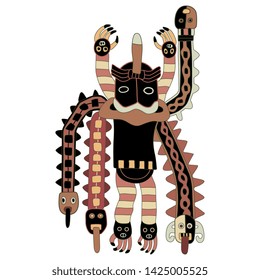 Isolated vector illustration. Fantastic flying creature. Ancient Peruvian tribal motif from Paracas. Pre Columbian art.