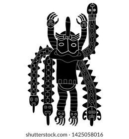 Isolated vector illustration. Fantastic flying creature. Ancient Peruvian tribal motif from Paracas. Black and white linear silhouette.