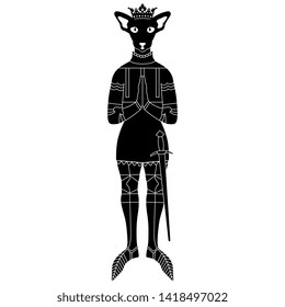 Isolated vector illustration. Fantastic funny character. Domestic cat or mouse as a knight wearing armor, sword and royal crown. Black and white silhouette.