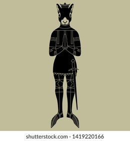 Isolated vector illustration. Fantastic funny character. Squirrel knight wearing armor, sword and royal crown. Monochrome silhouette.
