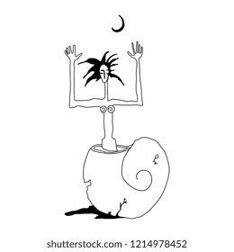 Isolated vector illustration. Fantastic lady emerging from a shell under crescent moon. Hand drawn original style art. Black and white linear silhouette.