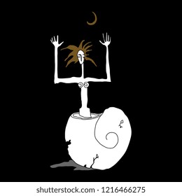 Isolated vector illustration. Fantastic lady emerging from a shell under crescent moon. Hand drawn original style graphic art. 