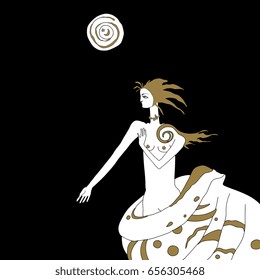 Isolated vector illustration. Fantastic lonely lady emerging from shell. Female archetype. Based on hand drawn original style art.