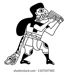 Isolated vector illustration. Fantastic man with a snake girdle playing the flute. Based on ethnic motif of ancient Peruvian Mochica Indians. Black and white linear silhouette.