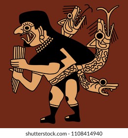 Isolated vector illustration. Fantastic man with snakes playing the flute. Based on ethnic motif of ancient Peruvian Mochica Indians.