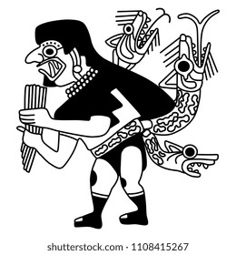 Isolated vector illustration. Fantastic man with snakes playing the flute. Based on ethnic motif of ancient Peruvian Mochica Indians. Black and white linear silhouette.