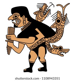 Isolated vector illustration. Fantastic man with snakes playing the flute. Based on ethnic motif of ancient Peruvian Mochica Indians.