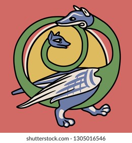 Isolated vector illustration. Fantastic medieval animal motif. Funny winged dragon holding its tail in its mouth. 