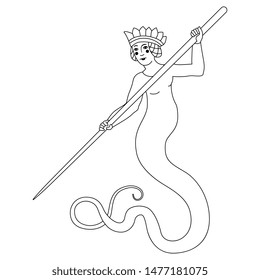 Isolated vector illustration. Fantastic medieval female character. Snake woman holding a spear. Melusine or Melusina. Lilith. Mermaid. Black and white linear silhouette.