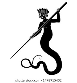 Isolated vector illustration. Fantastic medieval female character. Snake woman holding a spear. Melusine or Melusina. Lilith. Mermaid. Black and white silhouette.