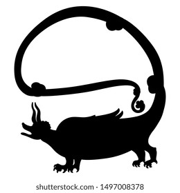 Isolated vector illustration. Fantastic medieval dragon with long curved tail. Medieval illuminated manuscript motif. Black silhouette on white background.