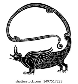 Isolated vector illustration. Fantastic medieval dragon with long curved tail. Medieval illuminated manuscript motif. Black and white silhouette.