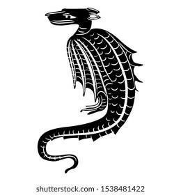Isolated vector illustration. Fantastic medieval dragon. Black and white silhouette.