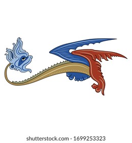 Isolated vector illustration. Fantastic medieval winged dragon. Gothic illuminated manuscript decor.