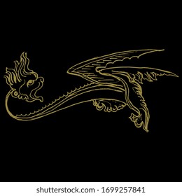 Isolated vector illustration. Fantastic medieval winged dragon. Gothic illuminated manuscript decor. Hand drawn linear doodle sketch. Gold silhouette on black background.