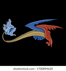 Isolated vector illustration. Fantastic medieval winged dragon. Gothic illuminated manuscript decor.