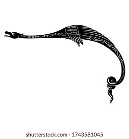 Isolated vector illustration. Fantastic medieval dragon. Illuminated manuscript decor. Gothic style. Black and white silhouette.