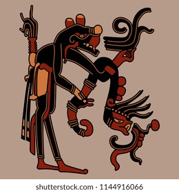 Isolated vector illustration. Fantastic monster creature. Based on ancient art of mexican Maya Indians.