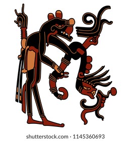 Isolated vector illustration. Fantastic monster creature. Based on ancient art of Mexican Maya Indians.