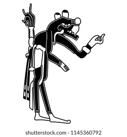 Isolated vector illustration. Fantastic monster creature. Based on ancient art of Mexican Maya Indians. Black and white silhouette.