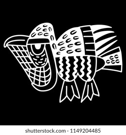 Isolated vector illustration. Fantastic monster bird. Based on ethnic motif of ancient Peruvian Nazca or Nasca Indians. Black and white silhouette.