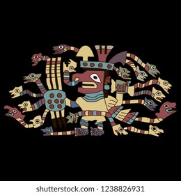 Isolated vector illustration. Fantastic monster creature. Snake man. Ancient Peruvian ethnic motif. Wari or Huari culture. Flat cartoon style. On black background.