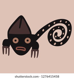 Isolated vector illustration. Fantastic monster creature with spiral tail. Ancient Peruvian tribal motif. Nazca Indians.