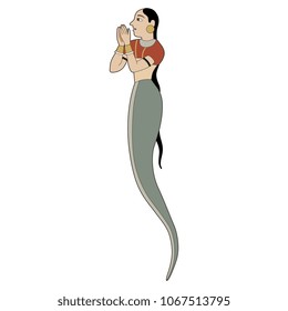 Isolated vector illustration. Fantastic mythological sea creature. Nagini. Half snake, half woman. Hindu mermaid. Ethnic style. Based on traditional medieval image.