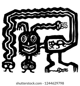 Isolated vector illustration. Fantastic mythological animal. Ancient Peruvian ethnic motif. Paracas culture. Hand drawn doodle sketch. Black silhouette on white background.