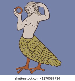 Isolated vector illustration. Fantastic mythological creature. Siren. Half bird half woman. Medieval motif. Cartoon style.
