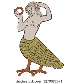 Isolated vector illustration. Fantastic mythological creature. Siren. Half bird half woman. Medieval motif. Cartoon style.
