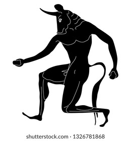 Isolated vector illustration. Fantastic mythological creature. Ancient Greek monster Minotaur. Half man half bull. Black and white linear silhouette.