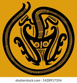 Isolated vector illustration. Fantastic mythological animal or monster with long tail. Native American tribal motif from ancient Panama. Black and yellow silhouette.