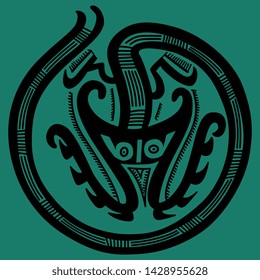 Isolated vector illustration. Fantastic mythological animal or monster with long tail. Native American tribal motif from ancient Panama. Black silhouette on green.