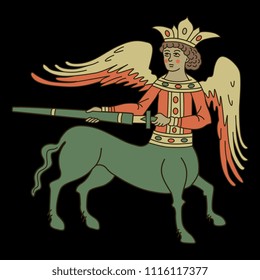 Isolated vector illustration. Fantastic old Russian winged centaur Kitovras with a sword. Based on ancient folk motif. On black background.