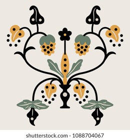 Isolated vector illustration. Fantastic plant with flowers and fruits. Old Russian folk style. Symmetrical composition.