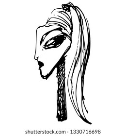 Isolated vector illustration. Fantastic portrait of a beautiful fancy girl. Hand drawn doodle ink sketch. Black silhouette on white background.