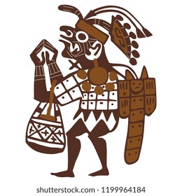 Isolated vector illustration. Fantastic praying Moche Indian man. Ancient Peruvian Mochica art.