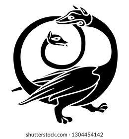 Isolated vector illustration. Fantastic round medieval motif. Winged dragon holding its tail in its mouth. Black and white silhouette.