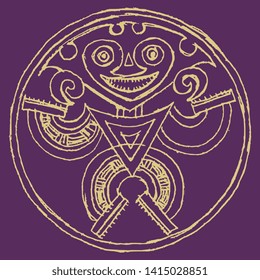 Isolated vector illustration. Fantastic round tribal motif from Panama. Pre Columbian Native American art. Hand drawn linear silhouetted doodle sketch. 