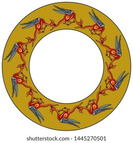 Isolated vector illustration. Fantastic round decor, frame or texture with silhouettes of medieval dragons or basilisks in a ring. Illuminated manuscript motif.
