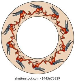 Isolated vector illustration. Fantastic round decor, frame or texture with silhouettes of medieval dragons or basilisks in a ring. Illuminated manuscript motif.