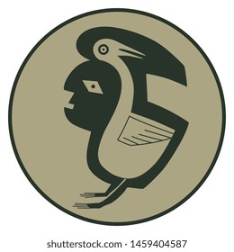 Isolated vector illustration. Fantastic round tribal decor with animal and human motifs. Half man half bird. Mimbres pottery. Native American folk art.