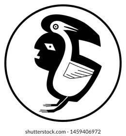 Isolated vector illustration. Fantastic round tribal decor with animal and human motifs. Half man half bird. Mimbres pottery. Native American folk art. Black and white silhouette.