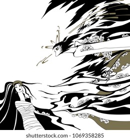 Isolated vector illustration. Fantastic scene with two characters. Flying demon lover and sleeping beautiful woman. Male and female archetypes. Based on hand drawn original style art.
