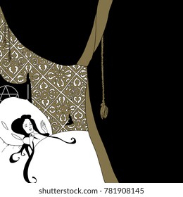 Isolated vector illustration. Fantastic scene. Girl lying in a bed and flying bat. Based on hand drawn original style art.